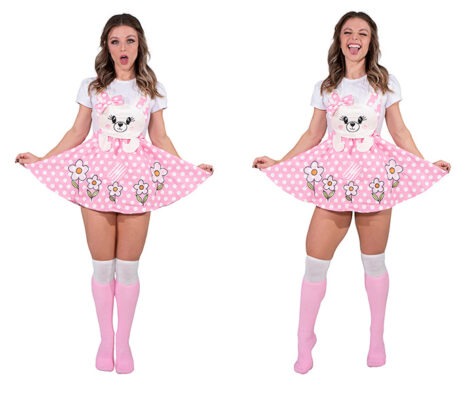 Snuggle Me Sweet Teddy Bear Onesie Dress with 3D embroidered teddy bear on pastel blue overalls and bubblegum pink base.