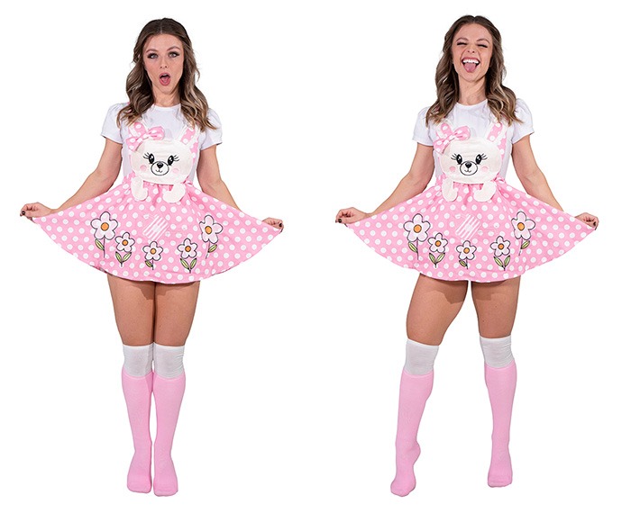 Snuggle Me Sweet Teddy Bear Onesie Dress with 3D embroidered teddy bear on pastel blue overalls and bubblegum pink base.